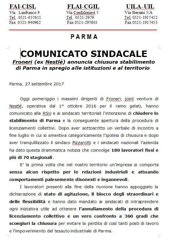 20170927-Comunicato sindacati-Froneri