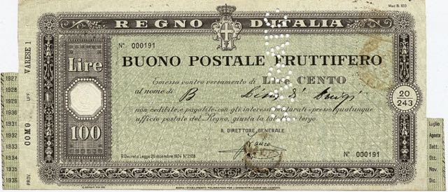 PT Buono ED Postale Fruttifero 100 lire 1927