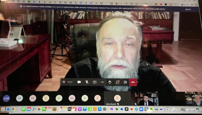 Dugin durante una conferenza in Italia marzo 2022