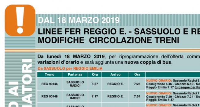 Linea ferroviaria Reggio-Sassuolo: da lunedì 18 marzo revisione degli orari di alcuni servizi