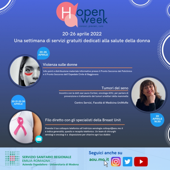 Open Week Salute della donna. Dal 20 al 26 aprile 2022 tante iniziative dell&#039;Azienda Ospedaliero - Universitaria di Modena
